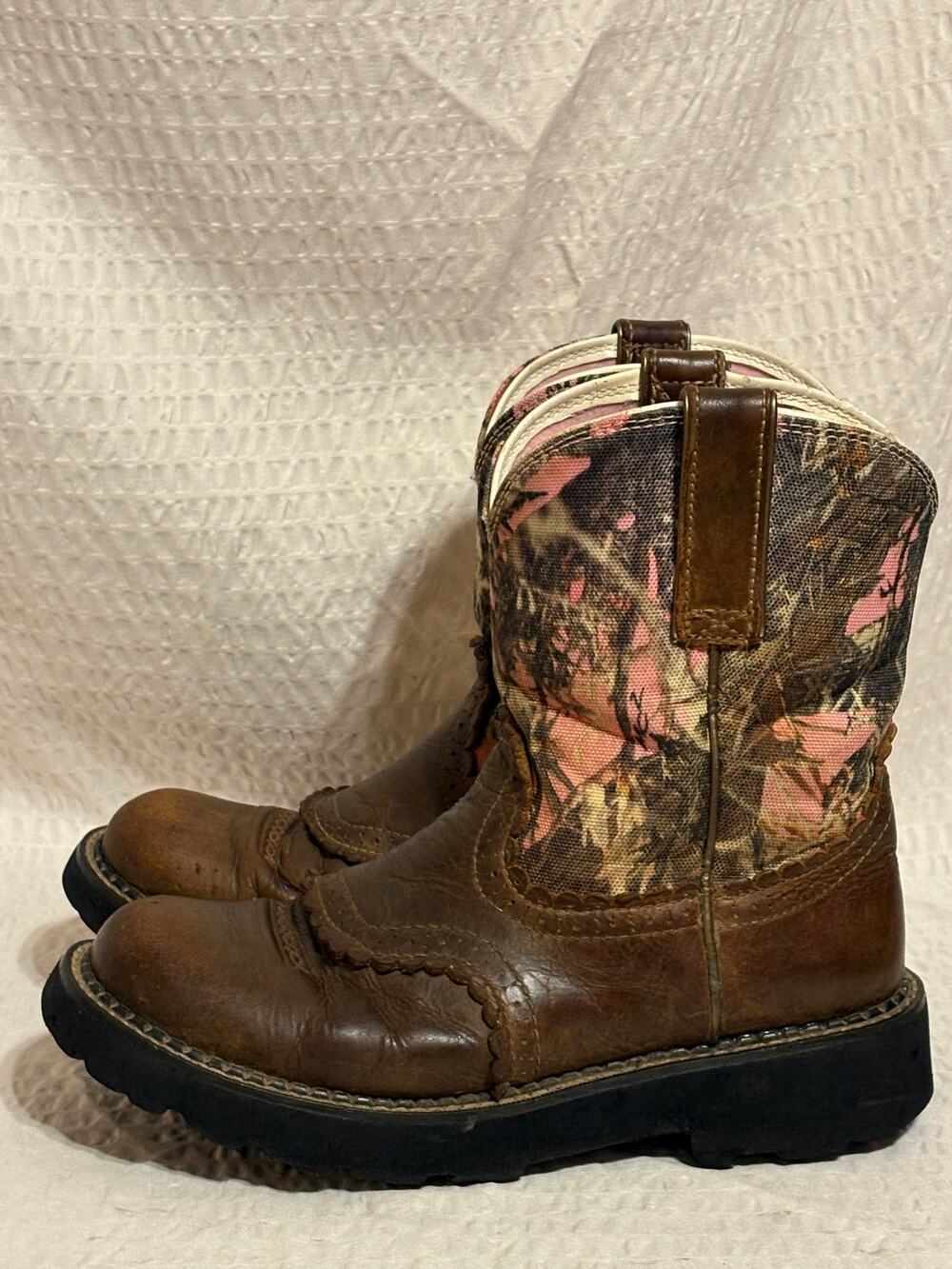 Ariat Fat Baby Pink Camo Brown Leather Women’s Western Boots Size 7.5B